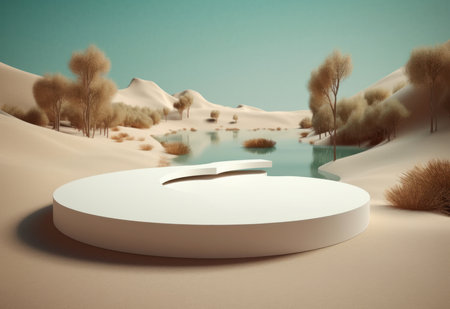 Podium on sand background. Display with sunshade and shadow on the background for cosmetic perfume fashion natural product. Generative AI.の素材