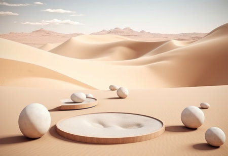 Podium on sand background. Display with sunshade and shadow on the background for cosmetic perfume fashion natural product. Generative AI.の素材