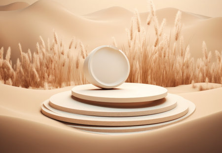 Podium on sand background. Display with sunshade and shadow on the background for cosmetic perfume fashion natural product. Generative AI.の素材