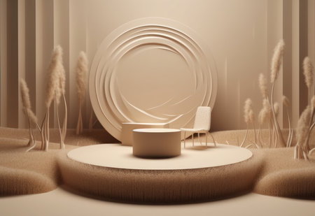 Podium on sand background. Display with sunshade and shadow on the background for cosmetic perfume fashion natural product. Generative AI.の素材