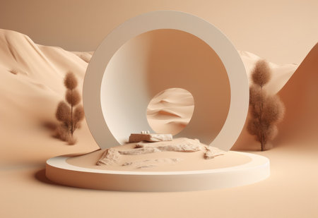 Podium on sand background. Display with sunshade and shadow on the background for cosmetic perfume fashion natural product. Generative AI.の素材