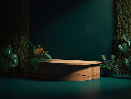 Cosmetics product advertising stand. Exhibition wooden podium on green background with leaves and shadows. Empty pedestal to display product packaging. Mockup. Generative AI.の素材
