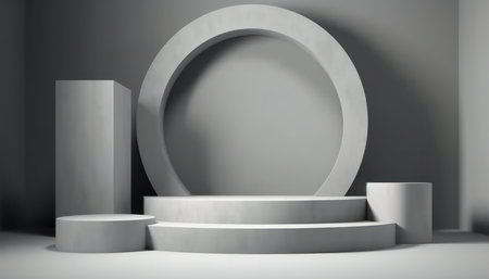 Elegant abstract set of white podiums in sunlight with shadow on white background for product display. Simple modern geometric design. Generative AI.の素材