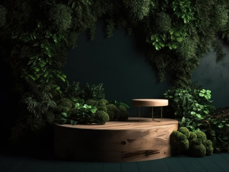 Cosmetics product advertising stand. Exhibition wooden podium on green background with leaves and shadows. Empty pedestal to display product packaging. Mockup. Generative AI.の素材