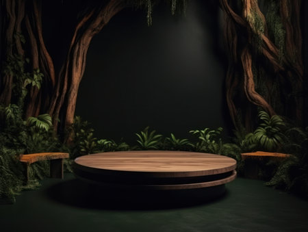 Cosmetics product advertising stand. Exhibition wooden podium on green background with leaves and shadows. Empty pedestal to display product packaging. Mockup. Generative AI.の素材