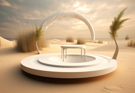 Podium on sand background. Display with sunshade and shadow on the background for cosmetic perfume fashion natural product. Generative AI.の素材
