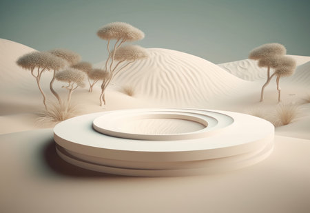 Podium on sand background. Display with sunshade and shadow on the background for cosmetic perfume fashion natural product. Generative AI.の素材