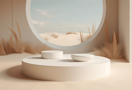 Podium on sand background. Display with sunshade and shadow on the background for cosmetic perfume fashion natural product. Generative AI.の素材