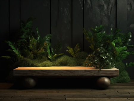 Cosmetics product advertising stand. Exhibition wooden podium on green background with leaves and shadows. Empty pedestal to display product packaging. Mockup. Generative AI.の素材