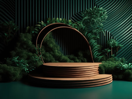Cosmetics product advertising stand. Exhibition wooden podium on green background with leaves and shadows. Empty pedestal to display product packaging. Mockup. Generative AI.の素材