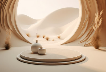 Podium on sand background. Display with sunshade and shadow on the background for cosmetic perfume fashion natural product. Generative AI.の素材