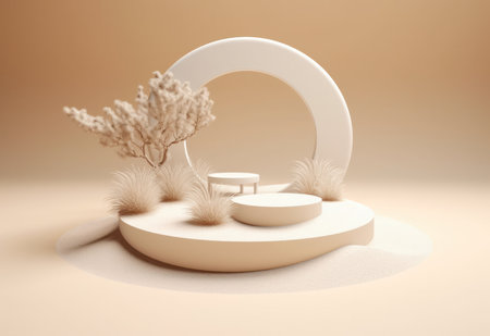 Podium on sand background. Display with sunshade and shadow on the background for cosmetic perfume fashion natural product. Generative AI.の素材