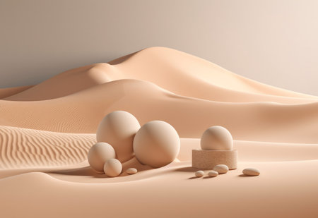 Podium on sand background. Display with sunshade and shadow on the background for cosmetic perfume fashion natural product. Generative AI.の素材