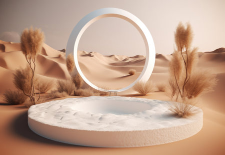 Podium on sand background. Display with sunshade and shadow on the background for cosmetic perfume fashion natural product. Generative AI.の素材