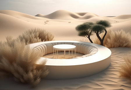 Podium on sand background. Display with sunshade and shadow on the background for cosmetic perfume fashion natural product. Generative AI.の素材
