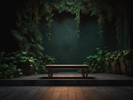 Cosmetics product advertising stand. Exhibition wooden podium on green background with leaves and shadows. Empty pedestal to display product packaging. Mockup. Generative AI.の素材