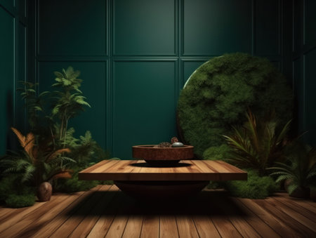 Cosmetics product advertising stand. Exhibition wooden podium on green background with leaves and shadows. Empty pedestal to display product packaging. Mockup. Generative AI.の素材