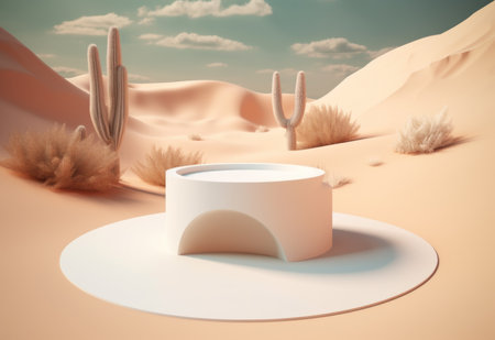 Podium on sand background. Display with sunshade and shadow on the background for cosmetic perfume fashion natural product. Generative AI.の素材