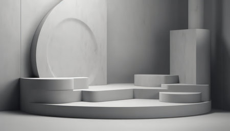 Elegant abstract set of white podiums in sunlight with shadow on white background for product display. Simple modern geometric design. Generative AI.の素材