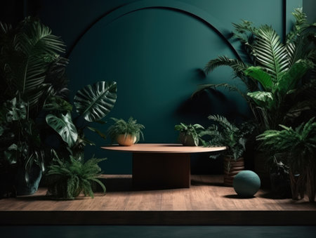 Cosmetics product advertising stand. Exhibition wooden podium on green background with leaves and shadows. Empty pedestal to display product packaging. Mockup. Generative AI.の素材