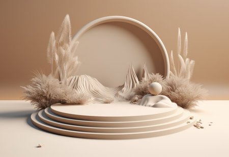 Podium on sand background. Display with sunshade and shadow on the background for cosmetic perfume fashion natural product. Generative AI.の素材