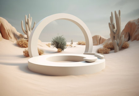 Podium on sand background. Display with sunshade and shadow on the background for cosmetic perfume fashion natural product. Generative AI.の素材