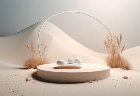 Podium on sand background. Display with sunshade and shadow on the background for cosmetic perfume fashion natural product. Generative AI.の素材