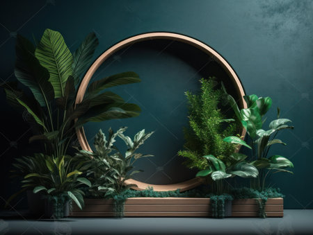 Cosmetics product advertising stand. Exhibition wooden podium on green background with leaves and shadows. Empty pedestal to display product packaging. Mockup. Generative AI.の素材