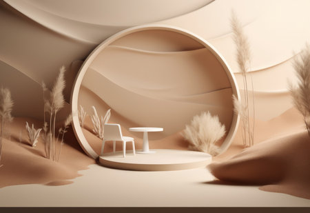 Podium on sand background. Display with sunshade and shadow on the background for cosmetic perfume fashion natural product. Generative AI.の素材