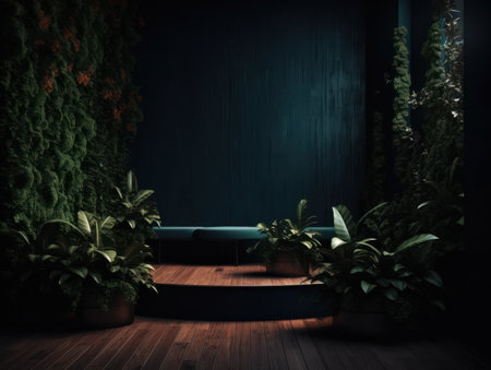 Cosmetics product advertising stand. Exhibition wooden podium on green background with leaves and shadows. Empty pedestal to display product packaging. Mockup. Generative AI.の素材