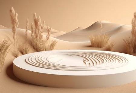 Podium on sand background. Display with sunshade and shadow on the background for cosmetic perfume fashion natural product. Generative AI.の素材