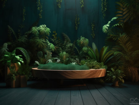 Cosmetics product advertising stand. Exhibition wooden podium on green background with leaves and shadows. Empty pedestal to display product packaging. Mockup. Generative AI.の素材