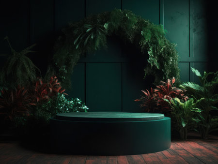 Cosmetics product advertising stand. Exhibition wooden podium on green background with leaves and shadows. Empty pedestal to display product packaging. Mockup. Generative AI.の素材
