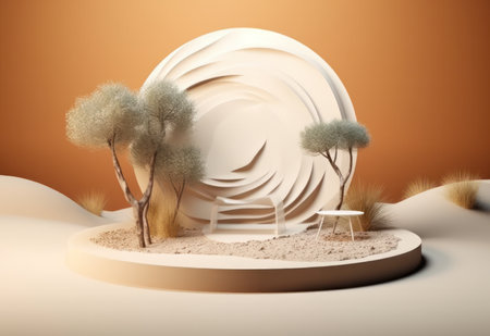 Podium on sand background. Display with sunshade and shadow on the background for cosmetic perfume fashion natural product. Generative AI.の素材