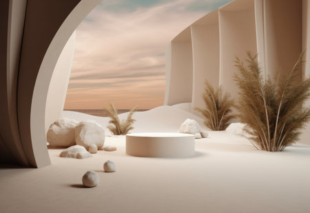 Podium on sand background. Display with sunshade and shadow on the background for cosmetic perfume fashion natural product. Generative AI.の素材