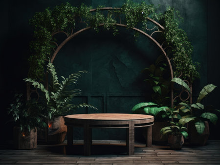 Cosmetics product advertising stand. Exhibition wooden podium on green background with leaves and shadows. Empty pedestal to display product packaging. Mockup. Generative AI.の素材