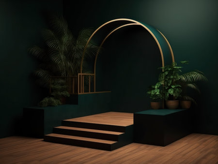 Cosmetics product advertising stand. Exhibition wooden podium on green background with leaves and shadows. Empty pedestal to display product packaging. Mockup. Generative AI.の素材
