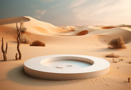 Podium on sand background. Display with sunshade and shadow on the background for cosmetic perfume fashion natural product. Generative AI.の素材