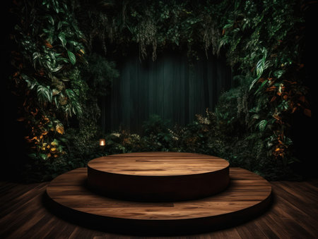 Cosmetics product advertising stand. Exhibition wooden podium on green background with leaves and shadows. Empty pedestal to display product packaging. Mockup. Generative AI.の素材