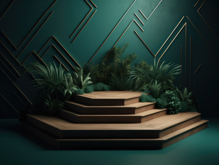 Cosmetics product advertising stand. Exhibition wooden podium on green background with leaves and shadows. Empty pedestal to display product packaging. Mockup. Generative AI.の素材