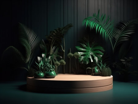 Cosmetics product advertising stand. Exhibition wooden podium on green background with leaves and shadows. Empty pedestal to display product packaging. Mockup. Generative AI.の素材