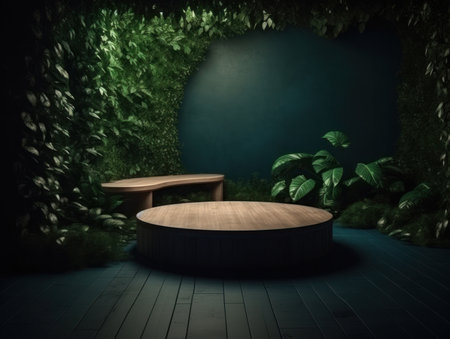 Cosmetics product advertising stand. Exhibition wooden podium on green background with leaves and shadows. Empty pedestal to display product packaging. Mockup. Generative AI.の素材
