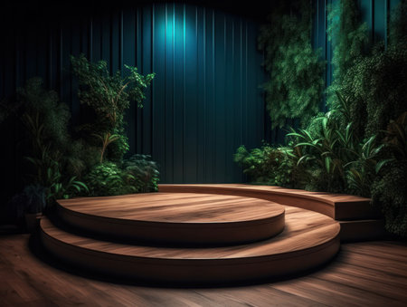 Cosmetics product advertising stand. Exhibition wooden podium on green background with leaves and shadows. Empty pedestal to display product packaging. Mockup. Generative AI.の素材