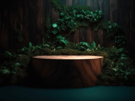 Cosmetics product advertising stand. Exhibition wooden podium on green background with leaves and shadows. Empty pedestal to display product packaging. Mockup. Generative AI.の素材