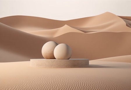 Podium on sand background. Display with sunshade and shadow on the background for cosmetic perfume fashion natural product. Generative AI.の素材