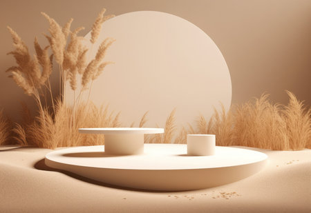 Podium on sand background. Display with sunshade and shadow on the background for cosmetic perfume fashion natural product. Generative AI.の素材