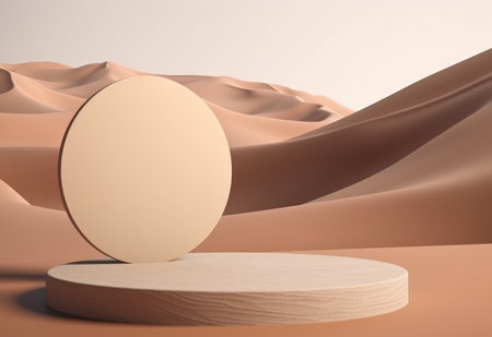 Podium on sand background. Display with sunshade and shadow on the background for cosmetic perfume fashion natural product. Generative AI.の素材