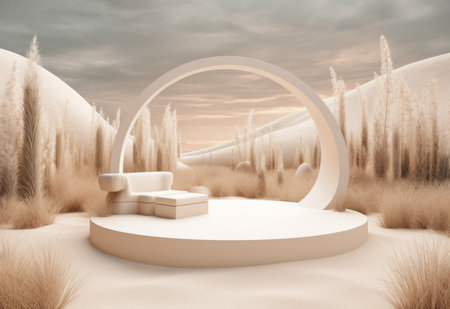 Podium on sand background. Display with sunshade and shadow on the background for cosmetic perfume fashion natural product. Generative AI.の素材