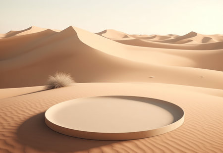 Podium on sand background. Display with sunshade and shadow on the background for cosmetic perfume fashion natural product. Generative AI.の素材