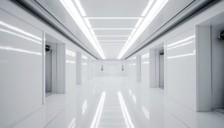 Abstract white studio background for product presentation. Empty gray room with shadows of window. Display product with blurred backdrop. AI Generativeの素材